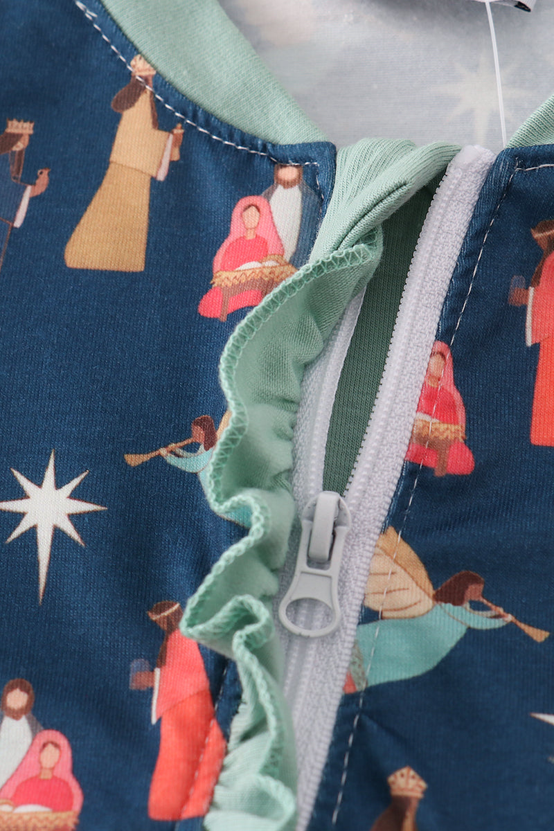 Navy nativity print ruffle romper - Aaria Tees Aaria Tees