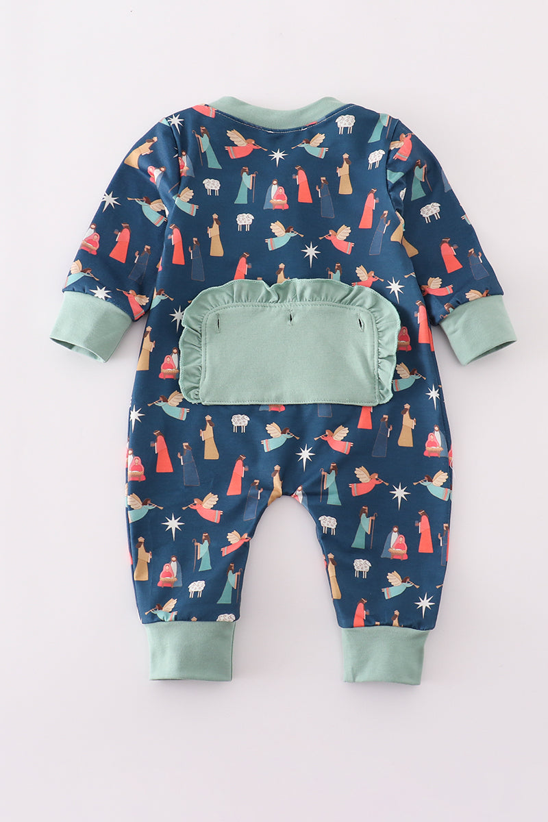 Navy nativity print ruffle romper - Aaria Tees Aaria Tees