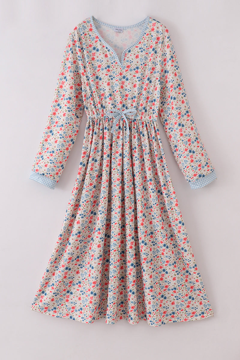 Pink&blue floral print women dress - Aaria Tees