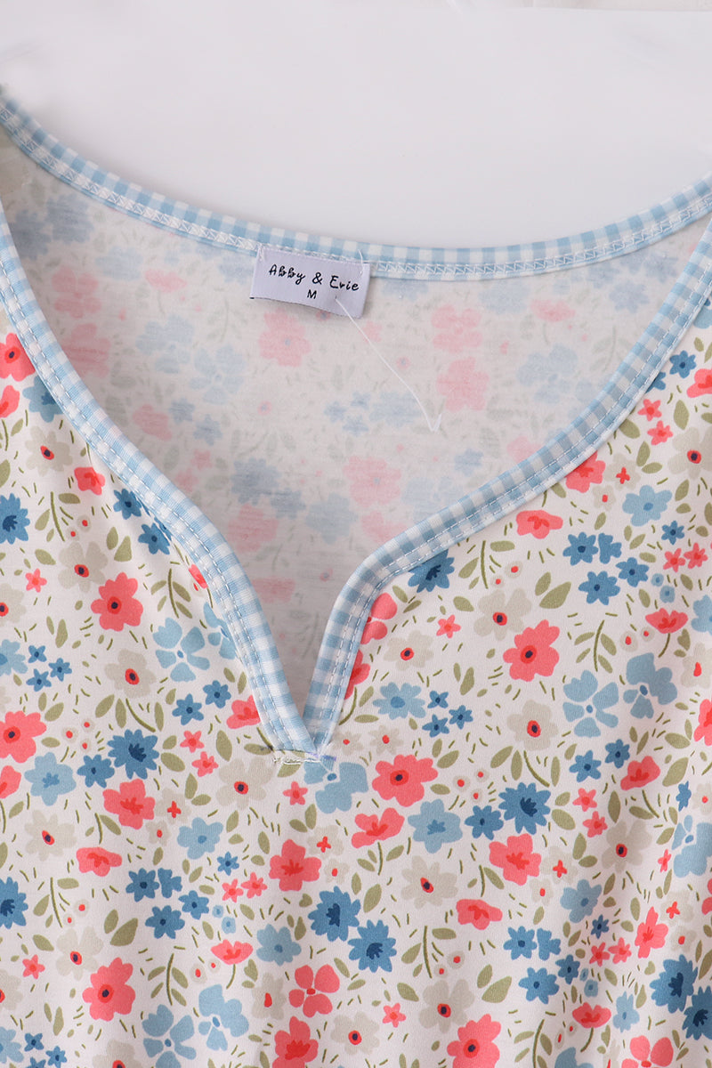 Pink&blue floral print women dress - Aaria Tees Aaria Tees