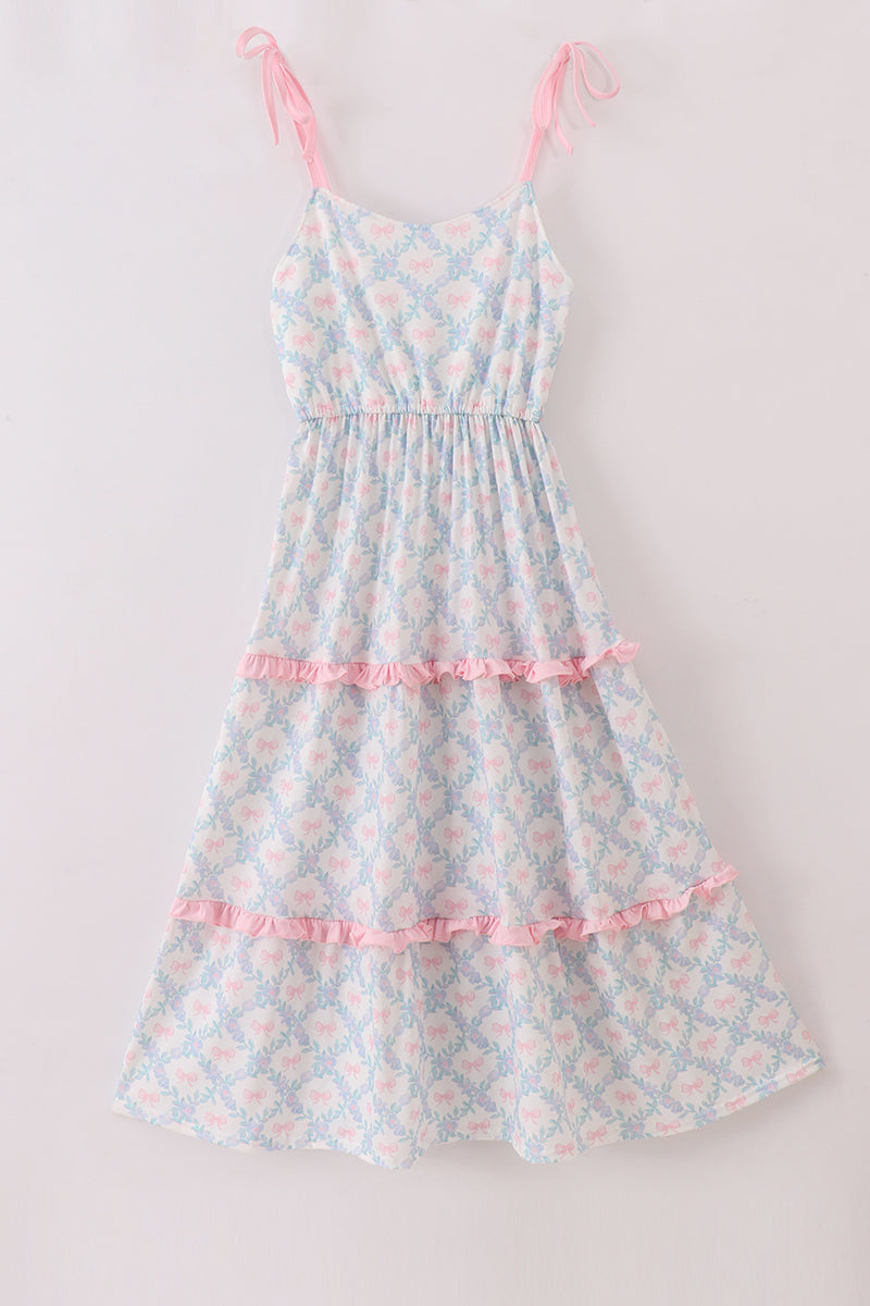 Pink bow print  ruffle mom dress - Aaria Tees