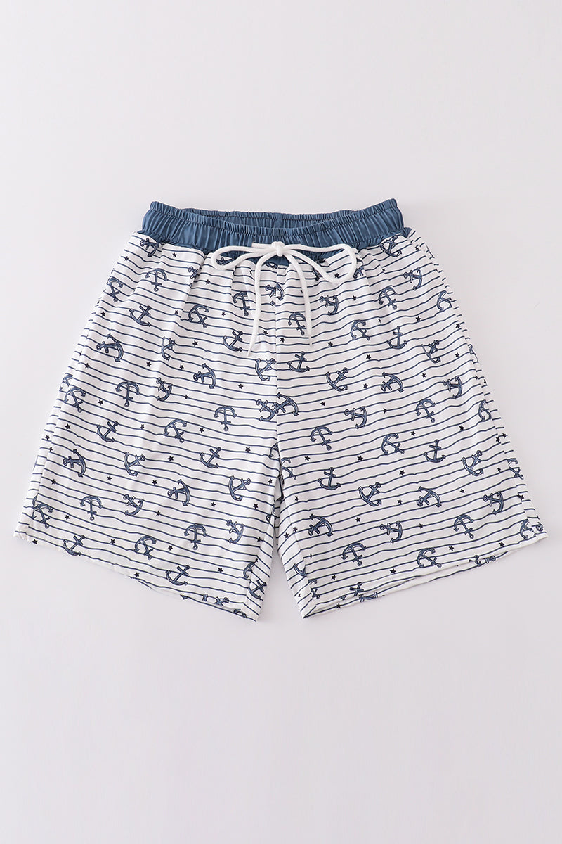 Blue stripe anchor print dad swim trunks - Aaria Tees Aaria Tees