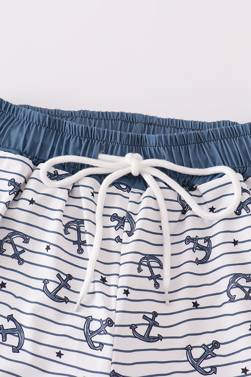Blue stripe anchor print dad swim trunks - Aaria Tees Aaria Tees