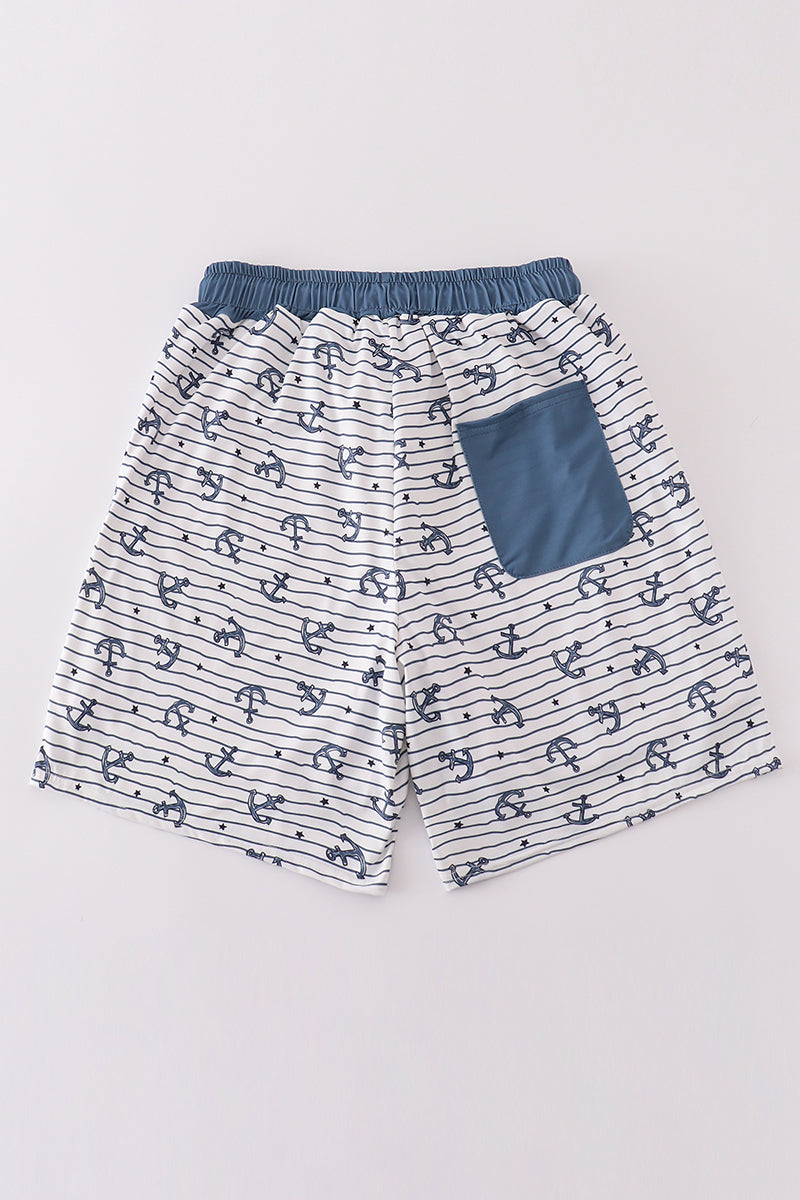 Blue stripe anchor print dad swim trunks - Aaria Tees Aaria Tees