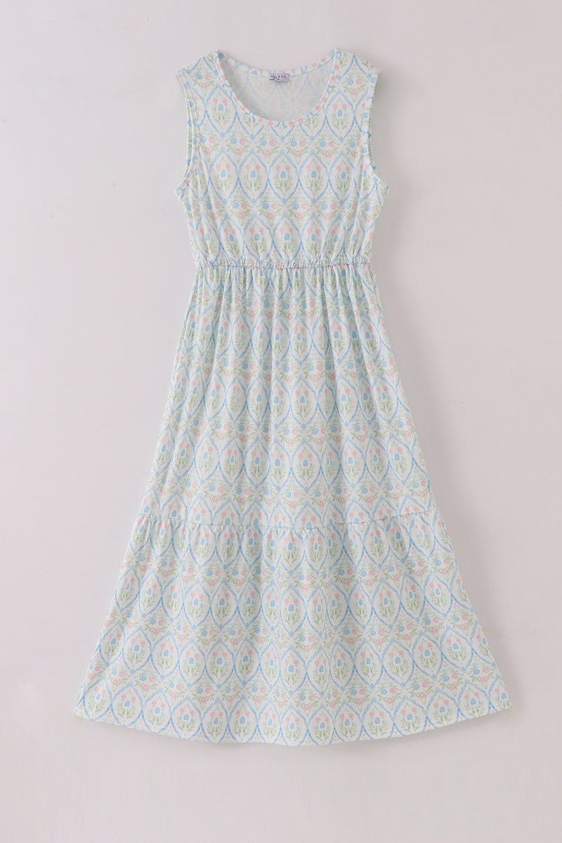 Blue delicate floral print mom dress - Aaria Tees