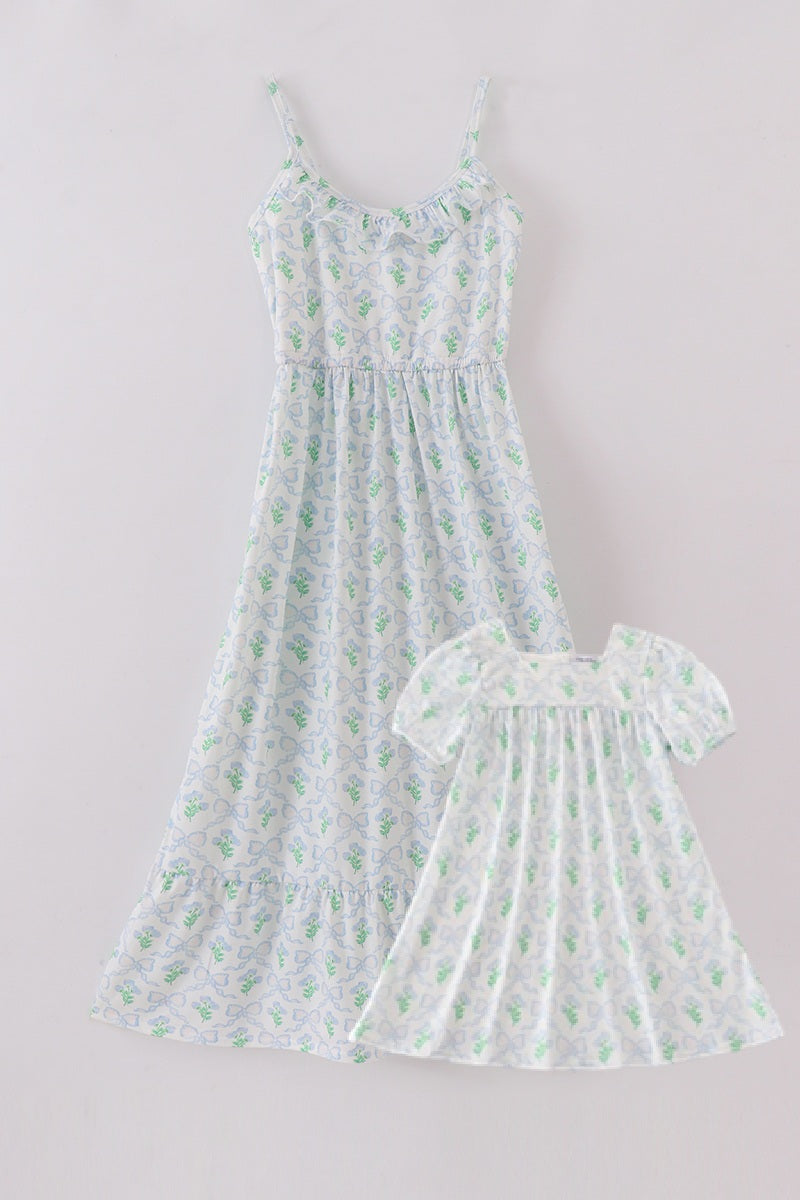 Green leaves bow print mom&me dress - Aaria Tees Aaria Tees