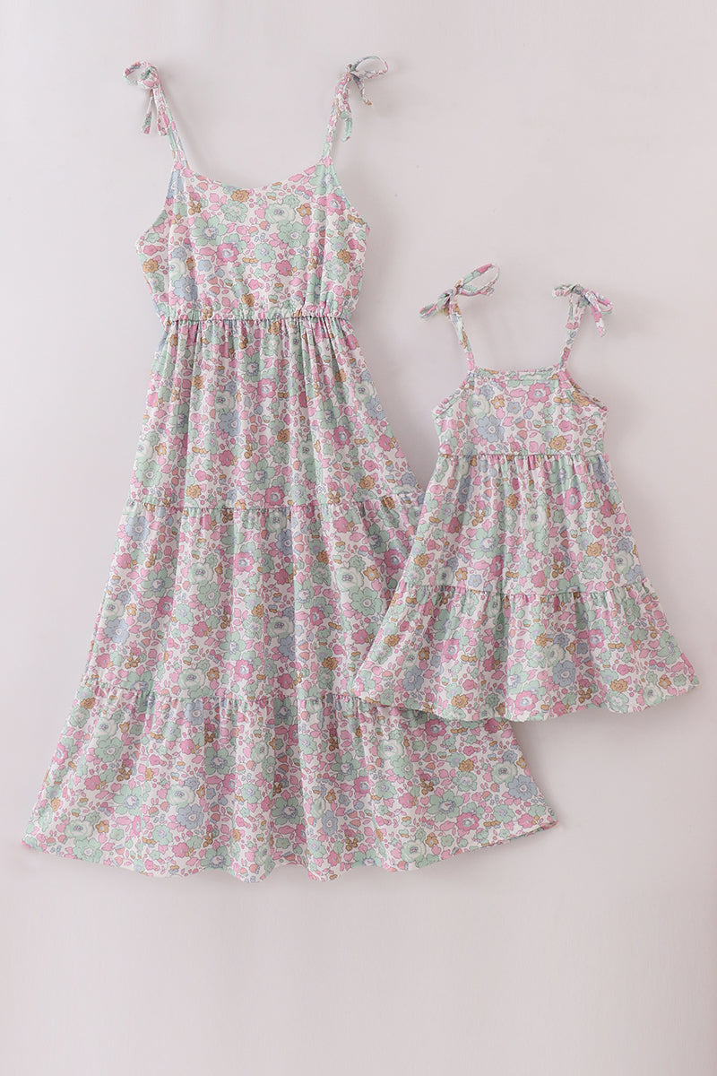Mint pink floral print mom&me tiered dress - Aaria Tees Aaria Tees