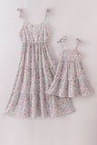 Mint pink floral print mom&me tiered dress - Aaria Tees Aaria Tees