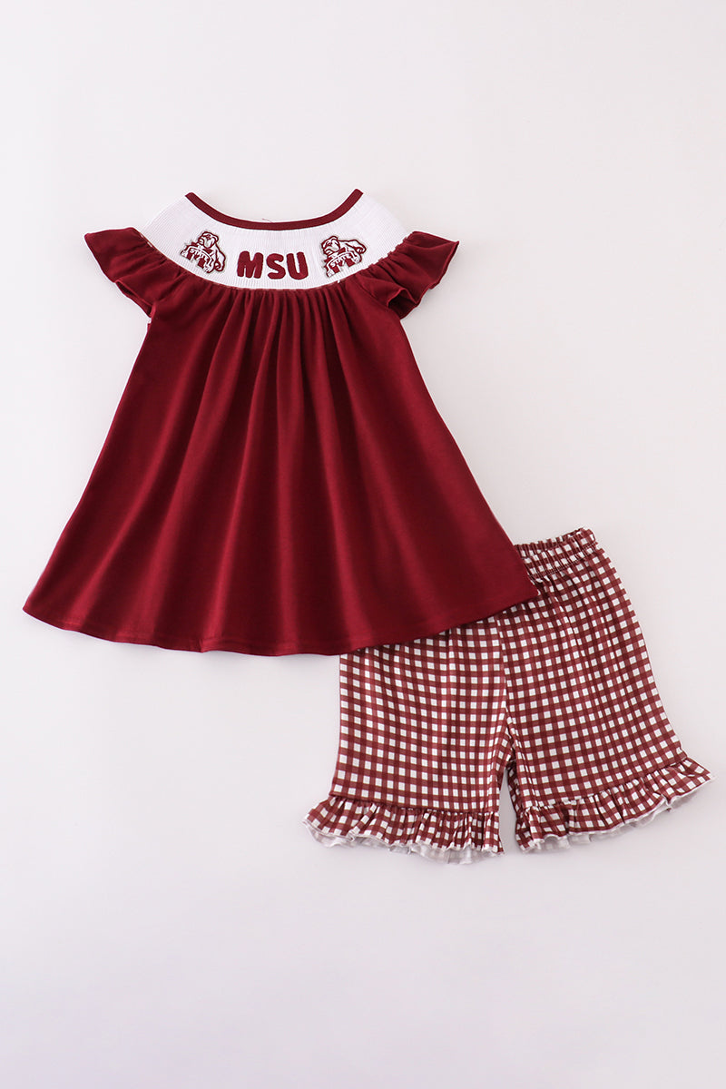 Mississippi MSU embroidery smocked gingham ruffle set - Aaria Tees