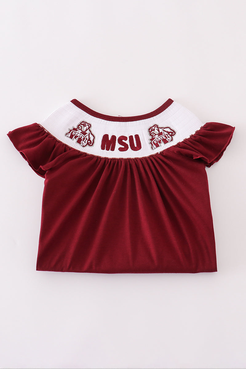 Mississippi MSU embroidery smocked gingham ruffle set - Aaria Tees Aaria Tees