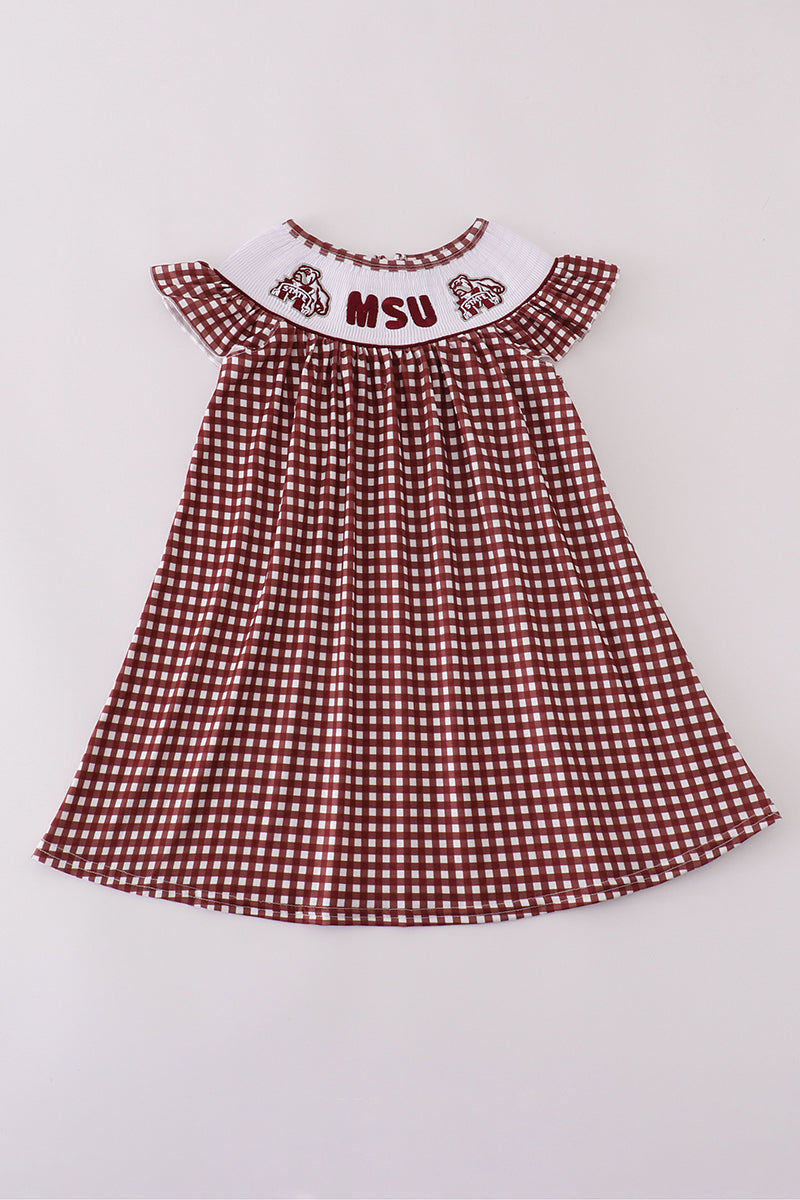 Mississippi MSU embroidery smocked gingham dress - Aaria Tees