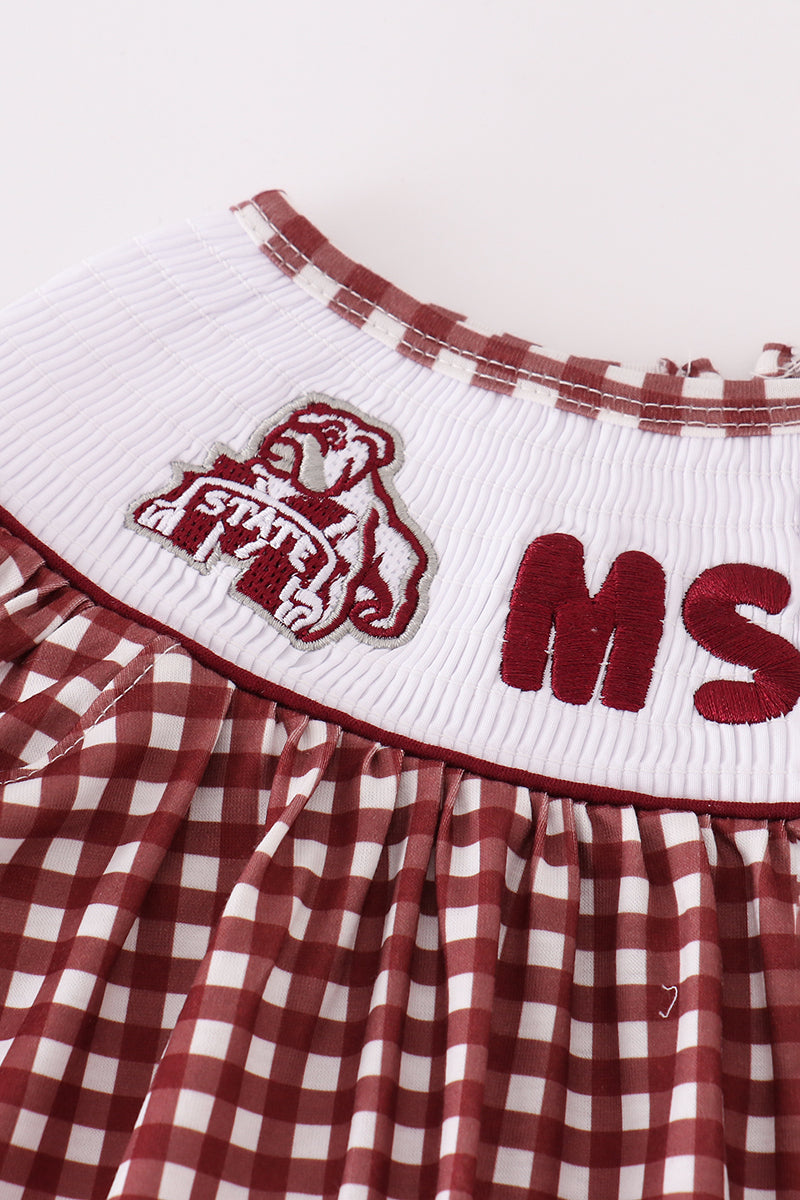 Mississippi MSU embroidery smocked gingham dress - Aaria Tees Aaria Tees