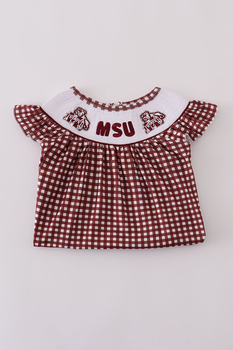 Mississippi MSU embroidery smocked gingham dress - Aaria Tees Aaria Tees