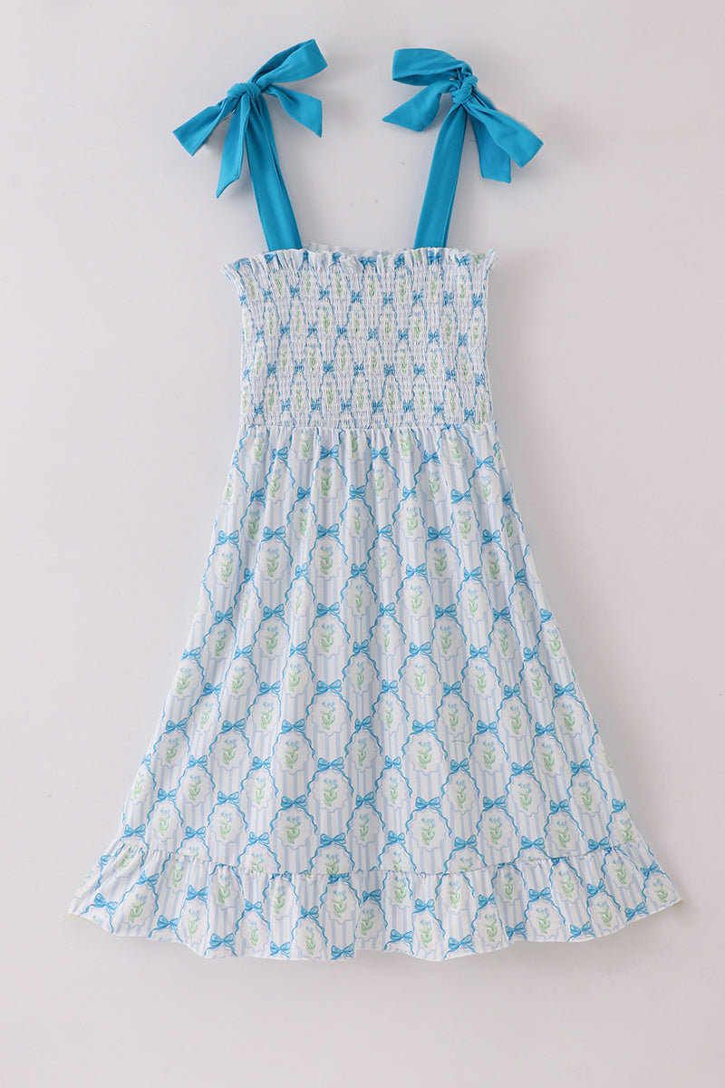 Blue floral bow tie strap mom dress - Aaria Tees Aaria Tees