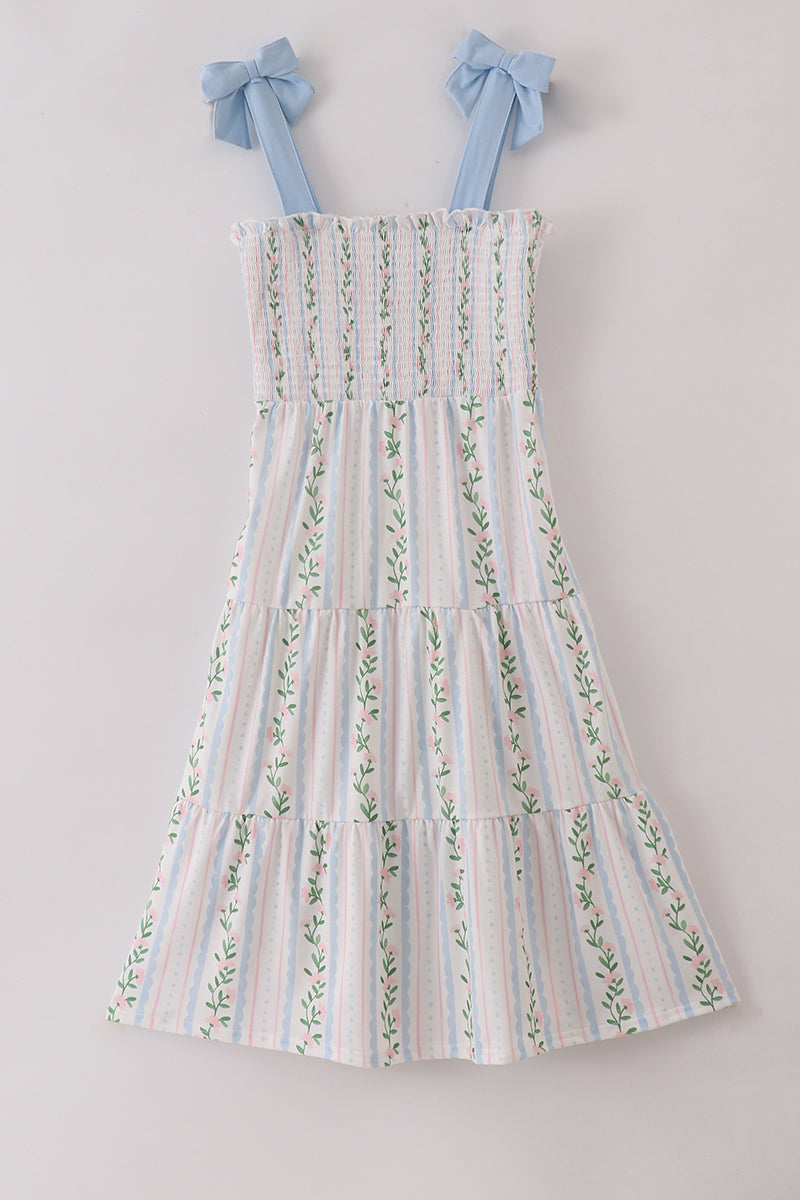Blue floral print smocked women dress - Aaria Tees
