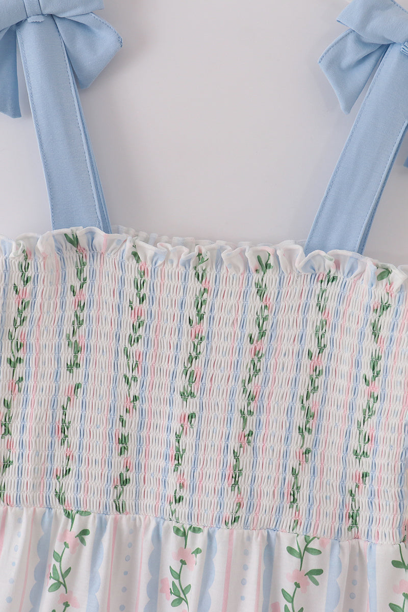 Blue floral print smocked women dress - Aaria Tees Aaria Tees