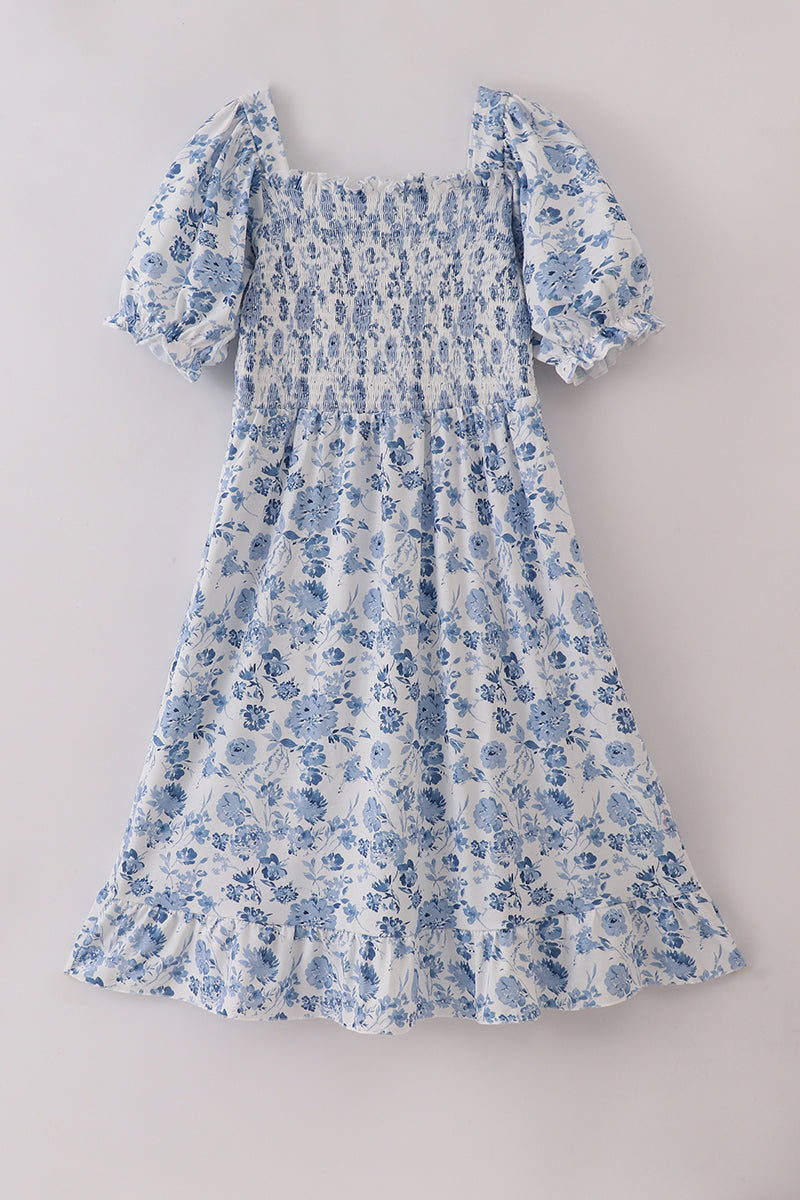 Blue smocked floral print mom dress - Aaria Tees Aaria Tees