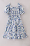 Blue smocked floral print mom dress - Aaria Tees Aaria Tees