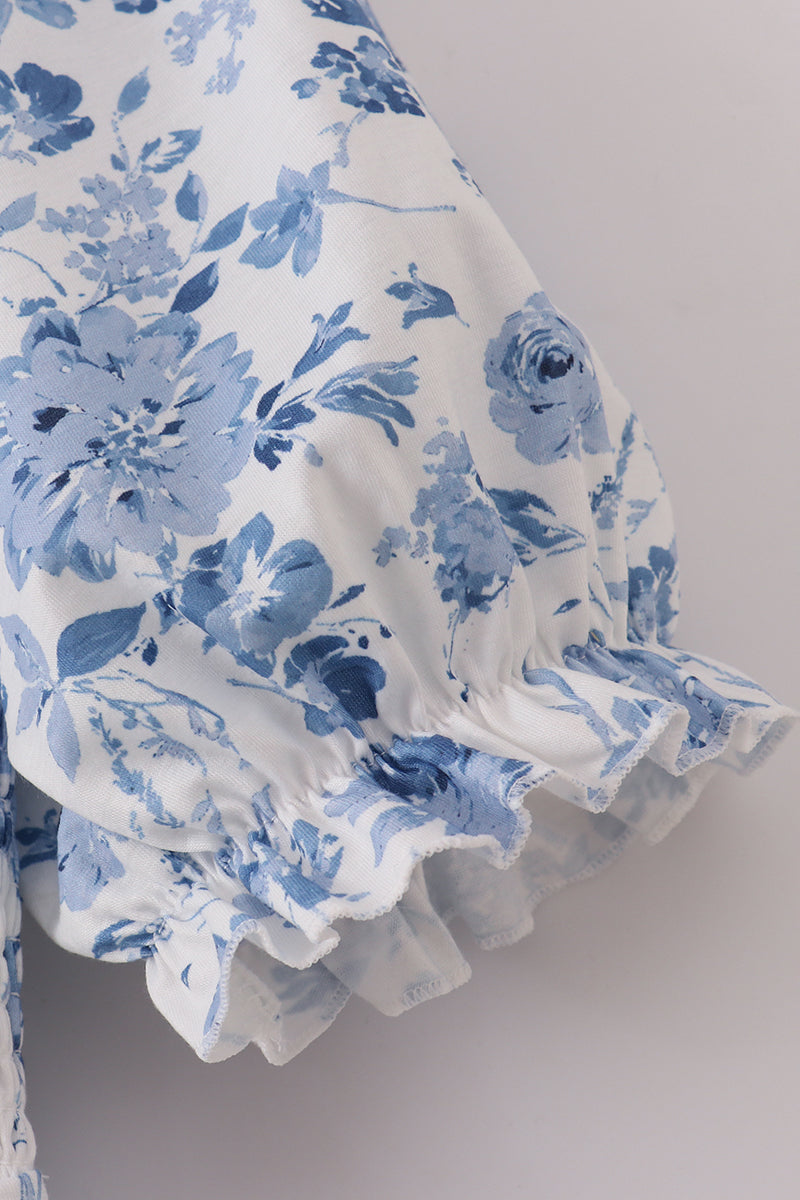 Blue smocked floral print mom dress - Aaria Tees Aaria Tees