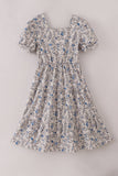 Blue vintage floral print tiered mom dress Aaria Tees