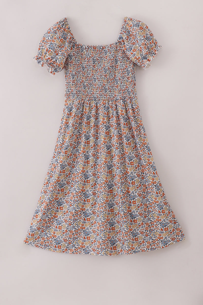 Fall floral print smocked mom dress - Aaria Tees