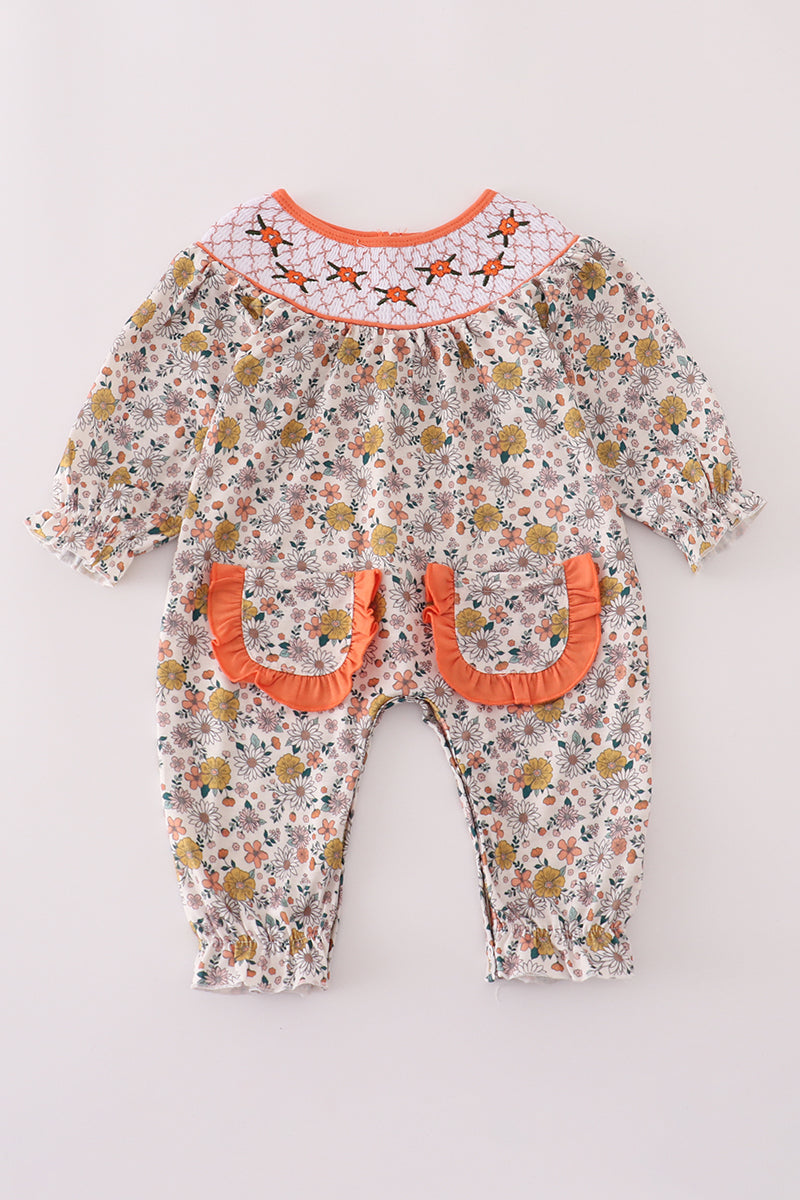 Floral embroidery smocked romper - Aaria Tees