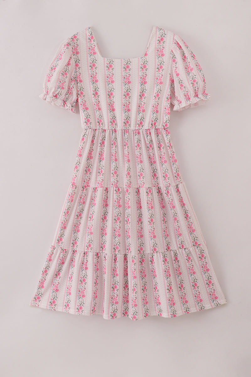 Pink floral print tiered mom dress - Aaria Tees Aaria Tees
