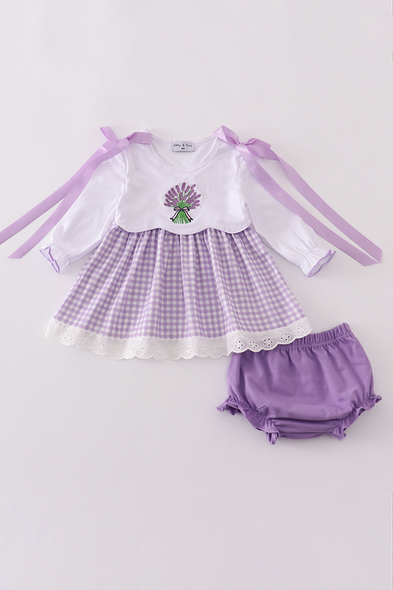 Lavender ribbon lace embroidery gingham bloomer set - Aaria Tees