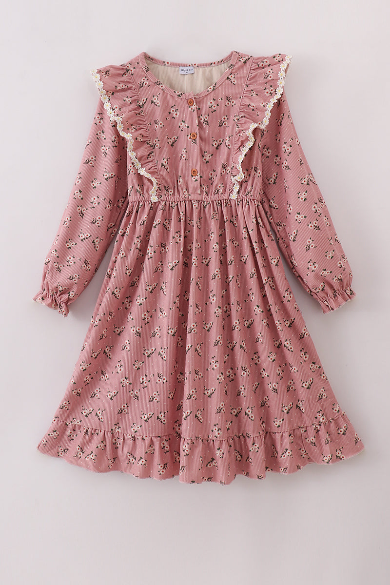 Floral corduroy lace ruffle mom dress - Aaria Tees