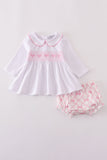 Pink bow smocked bloomer set Aaria Tees