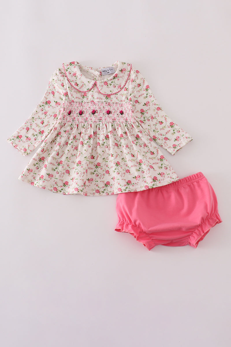 Pink rose hand smocked bloomer set - Aaria Tees
