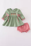 Green christmas reindeer embroidery girl bloomers set Aaria Tees