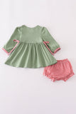Green christmas reindeer embroidery girl bloomers set Aaria Tees