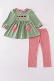 Green christmas reindeer embroidery girl set Aaria Tees