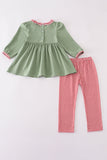 Green christmas reindeer embroidery girl set Aaria Tees