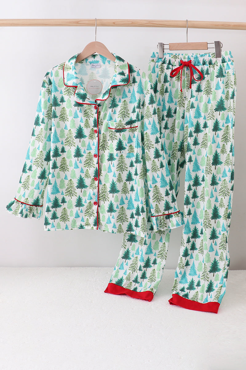 Green christmas tree print mom pajamas pants set - Aaria Tees