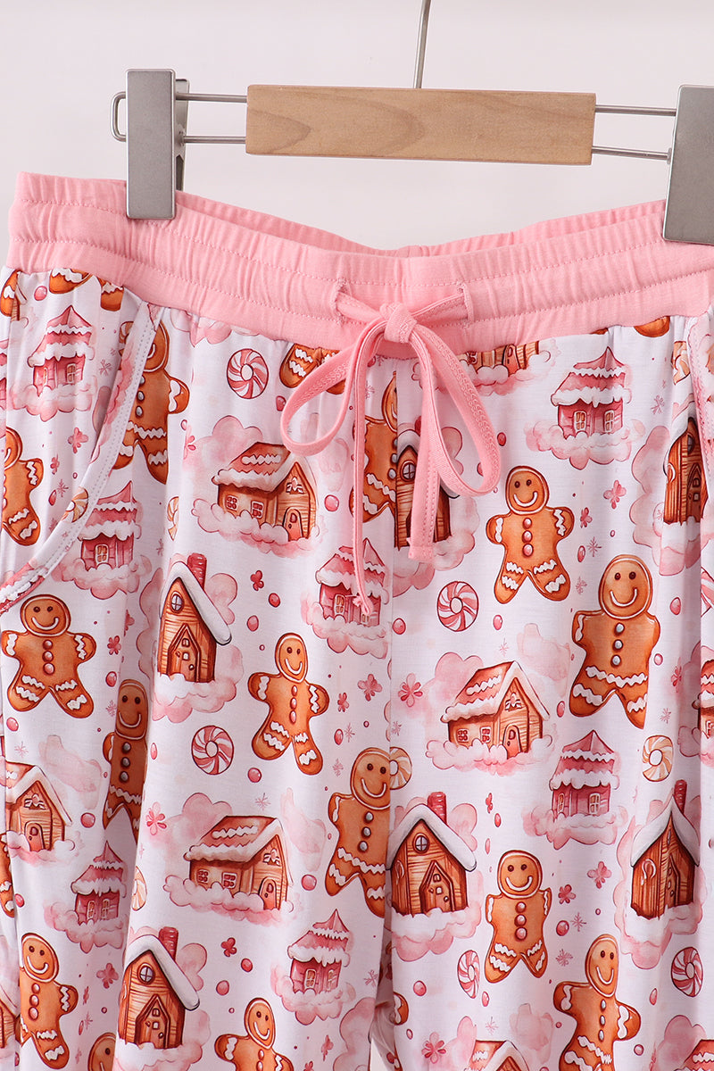 Pink gingerbread house bamboo mom pajmas pants - Aaria Tees Aaria Tees