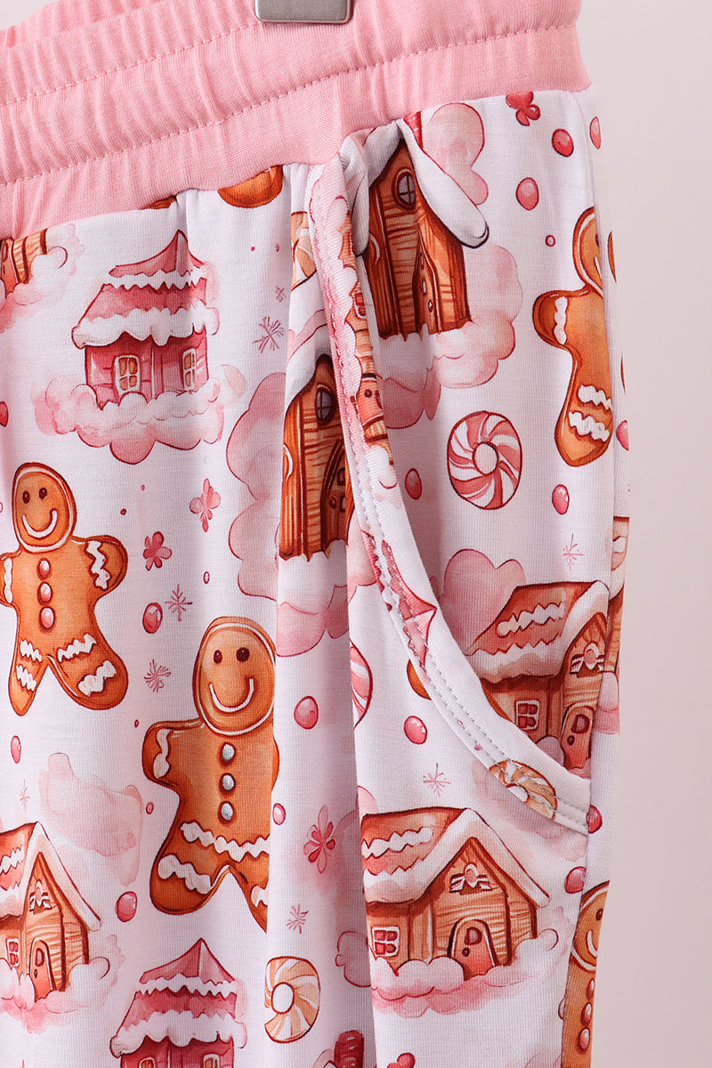 Pink gingerbread house bamboo mom pajmas pants - Aaria Tees Aaria Tees