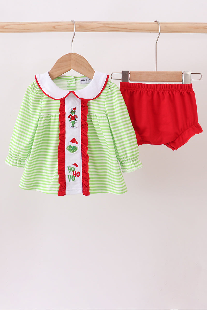 Green christmas grinch embroidery girl bloomers set - Aaria Tees