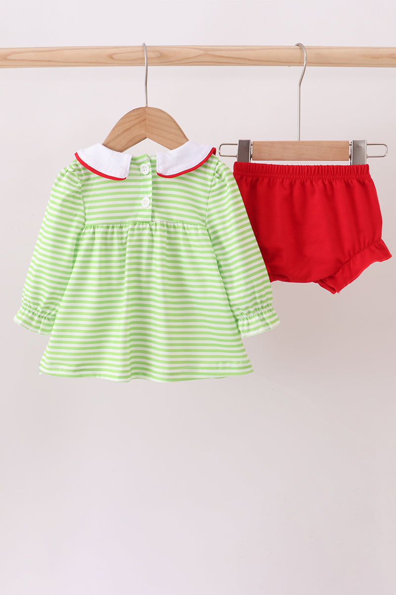 Green christmas grinch embroidery girl bloomers set - Aaria Tees Aaria Tees