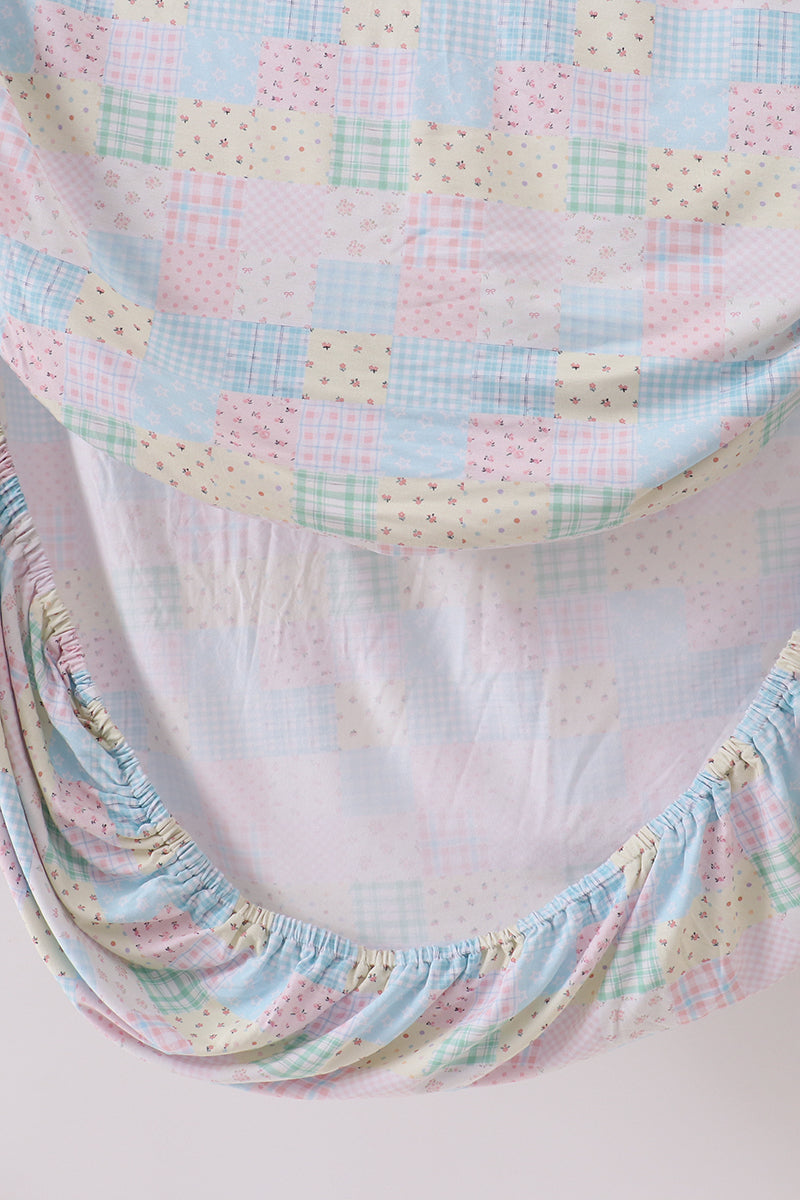 Pink floral checkered bamboo crib sheet - Aaria Tees Aaria Tees
