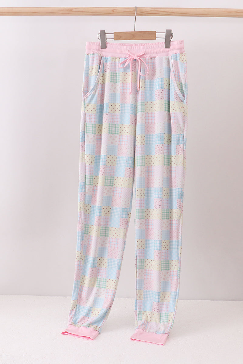 Pink floral checkered bamboo mom pajamas pants - Aaria Tees