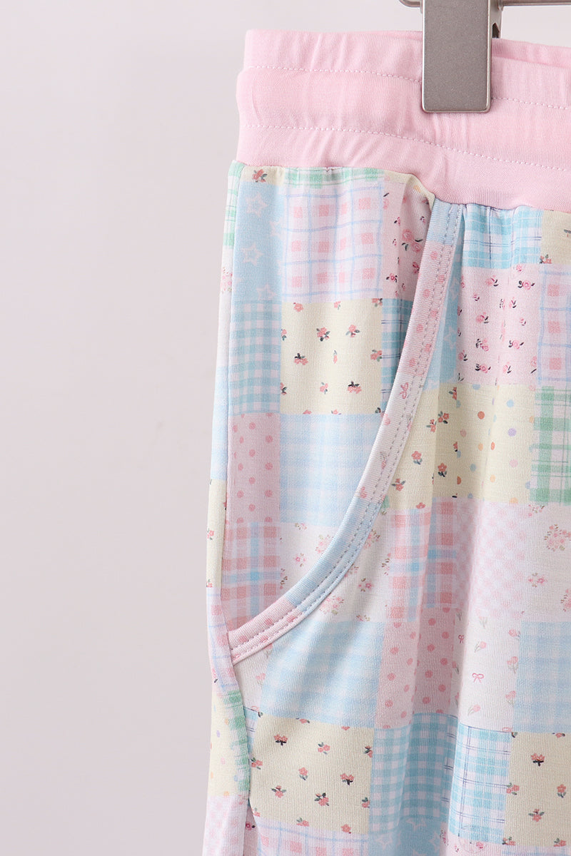 Pink floral checkered bamboo mom pajamas pants - Aaria Tees Aaria Tees