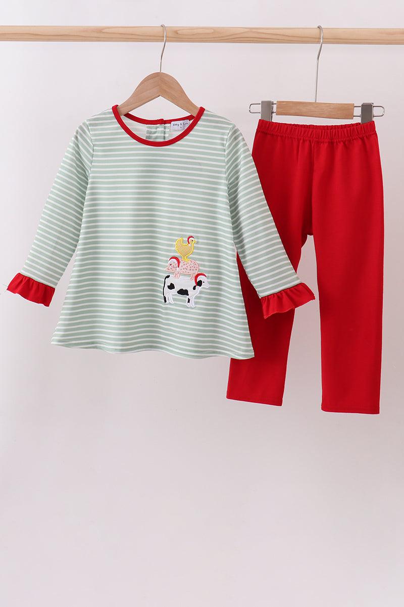 Green farm applique stripe ruffle pants set - Aaria Tees