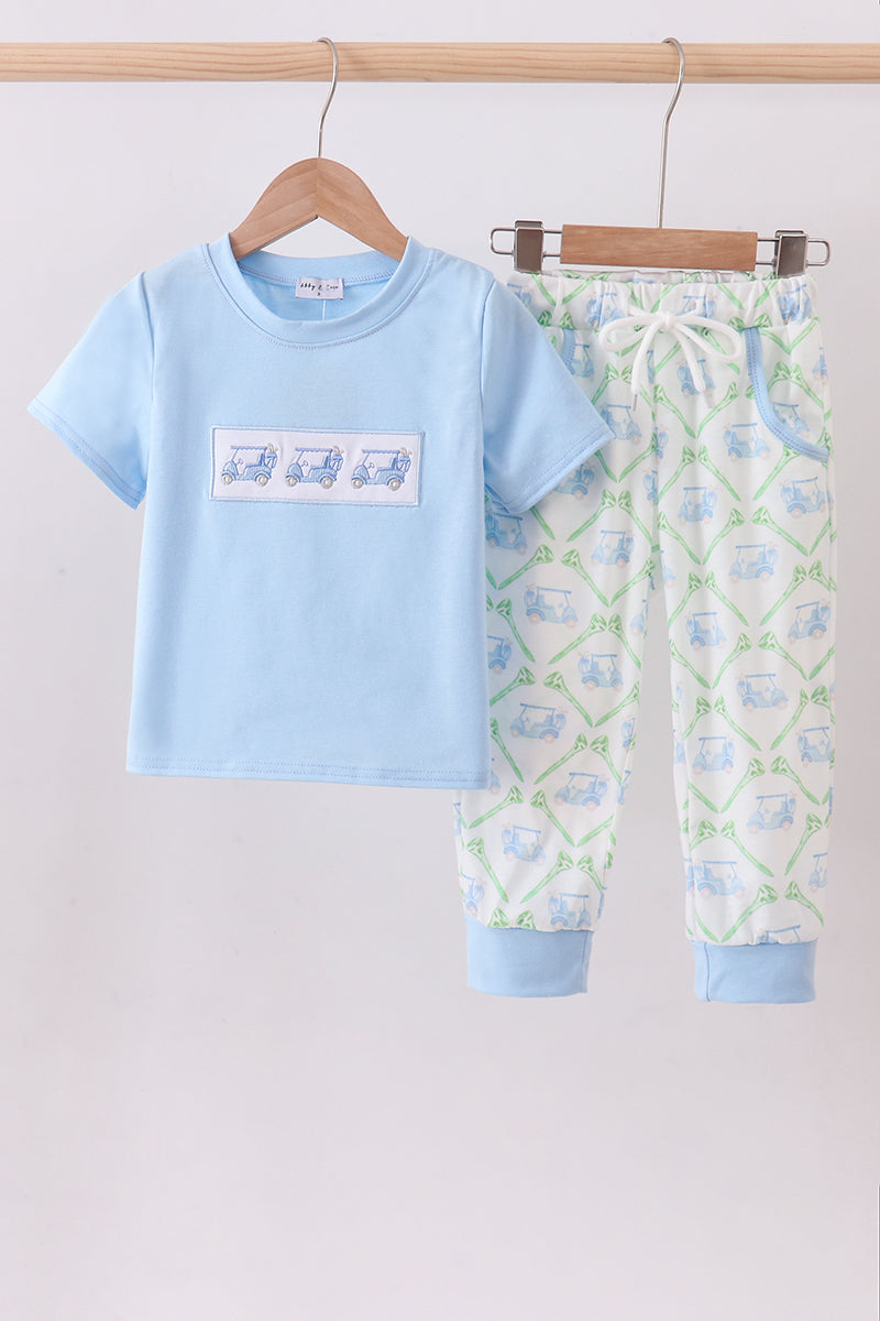 Blue golf cart embroidery pants set - Aaria Tees