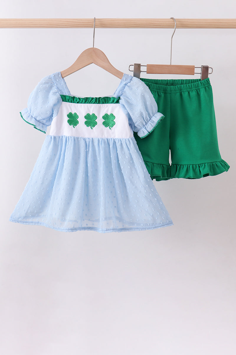 Blue clover embroidery swiss dot shorts set - Aaria Tees