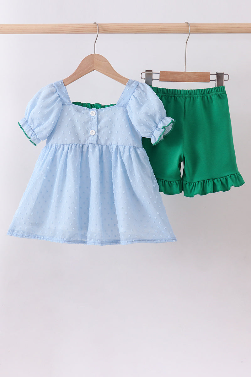 Blue clover embroidery swiss dot shorts set - Aaria Tees Aaria Tees
