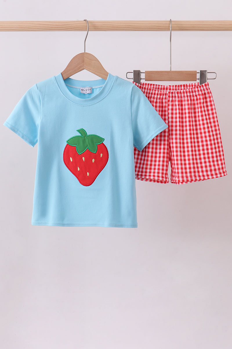Blue strawberry applique gingham shorts set - Aaria Tees Aaria Tees