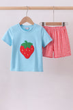 Blue strawberry applique gingham shorts set - Aaria Tees Aaria Tees