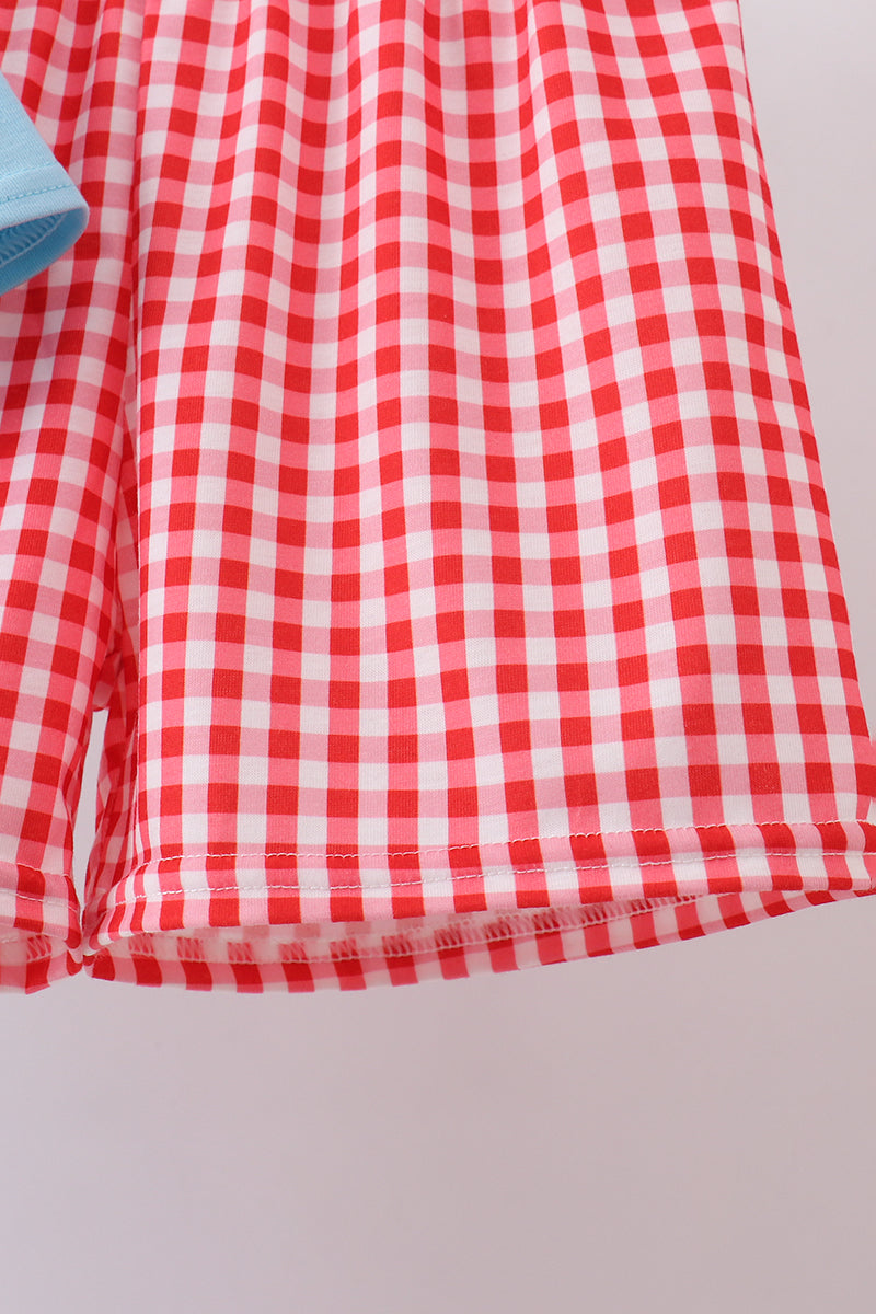 Blue strawberry applique gingham shorts set - Aaria Tees Aaria Tees